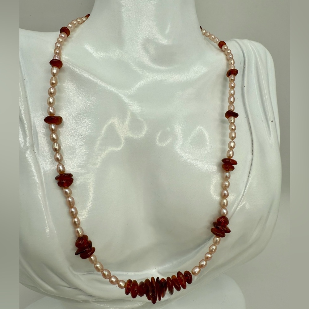 Genuine Amber & Freshwater Pearl Necklace – 18” - Picture 3 of 17